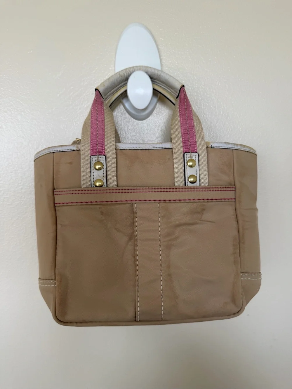 COACH MINI TOTE Brown Leather Accents - Tan & Bright Pink F10694
